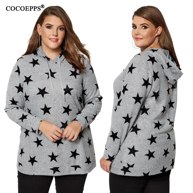 

4XL 5XL Autumn Big Sizes Women Hooded Tops Winter Casual Star Print Plus sizes Tops T-Shirt Lady Large Size Hoodies Tops Shirts