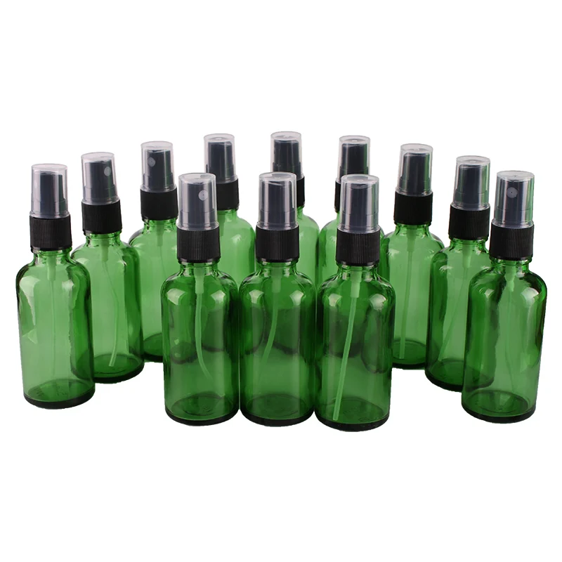 

12pcs 50ml Green Glass Spray Bottle w/ Black Fine Mist Sprayer essential oil bottles empty cosmetic containers
