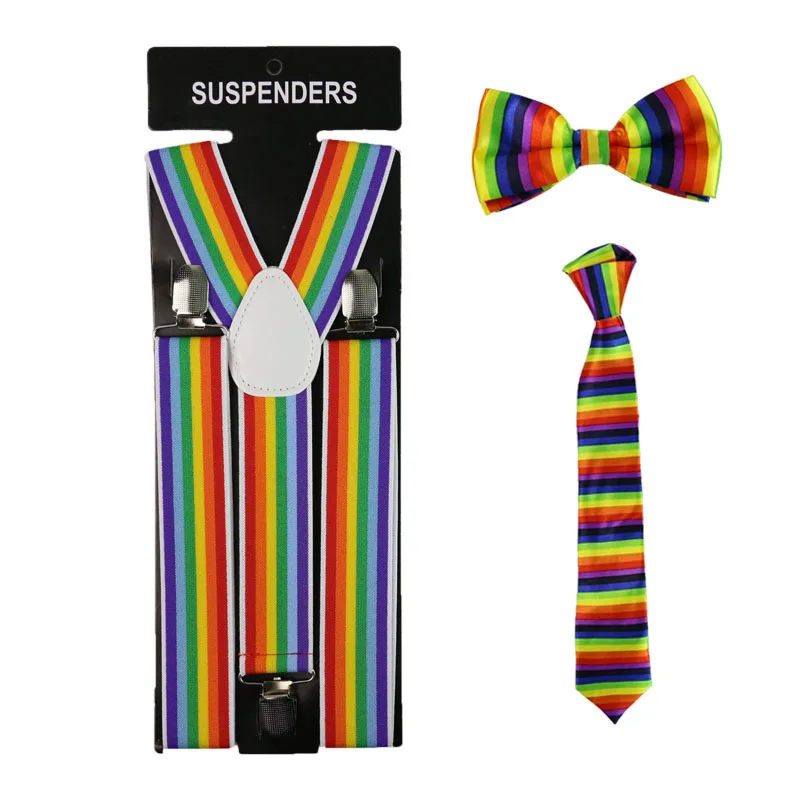 

3.5cm Wide Fashion Rainbow Suspenders Necktie And Bowtie Set Braces Elastic Clip-on Y-Back Suspenders Tie Set For Men Women