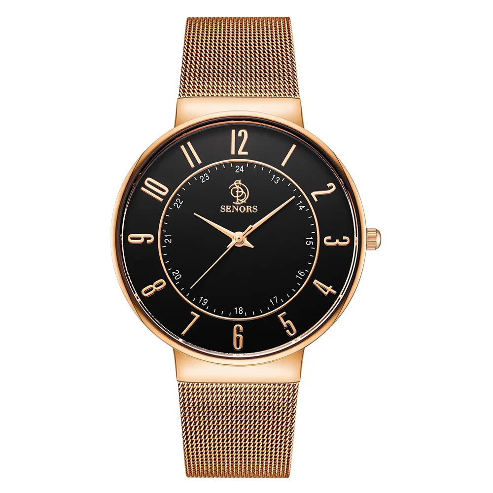 

SENORS Causual Mens Gold Watches Stainless Steel Band Rose Gold Original Simple Man Clocks Quartz Male Wristwatch
