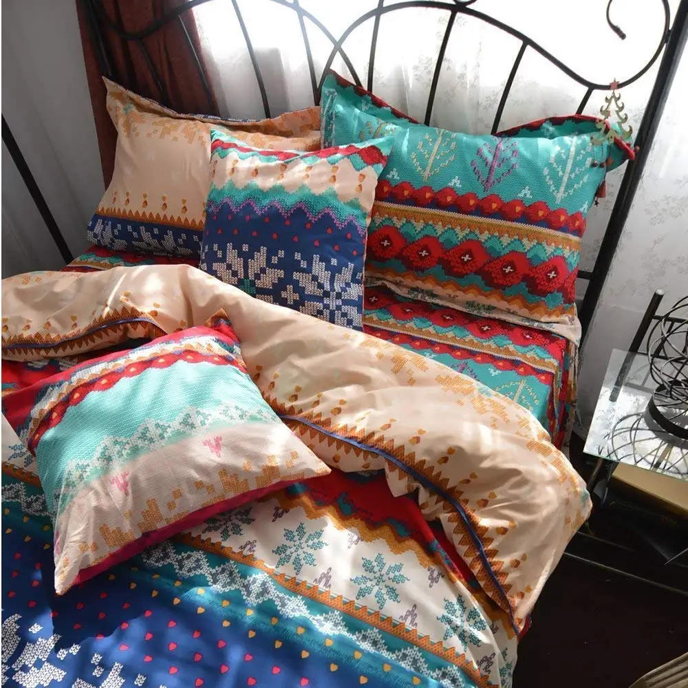 3Pcs Bohemia Retro Printing Bedding Ethnic Vintage Floral Duvet Cover Boho Bedding Brushed Cotton Bedding Sets