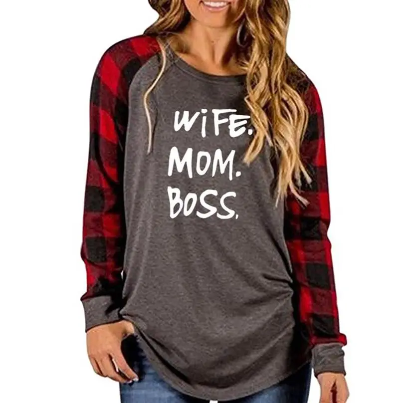 

New Fashion Wife Mom Boss Letters Print T-Shirt For Women Plaid Stitching Long Sleeves Female Top Plus Size Women Cropped