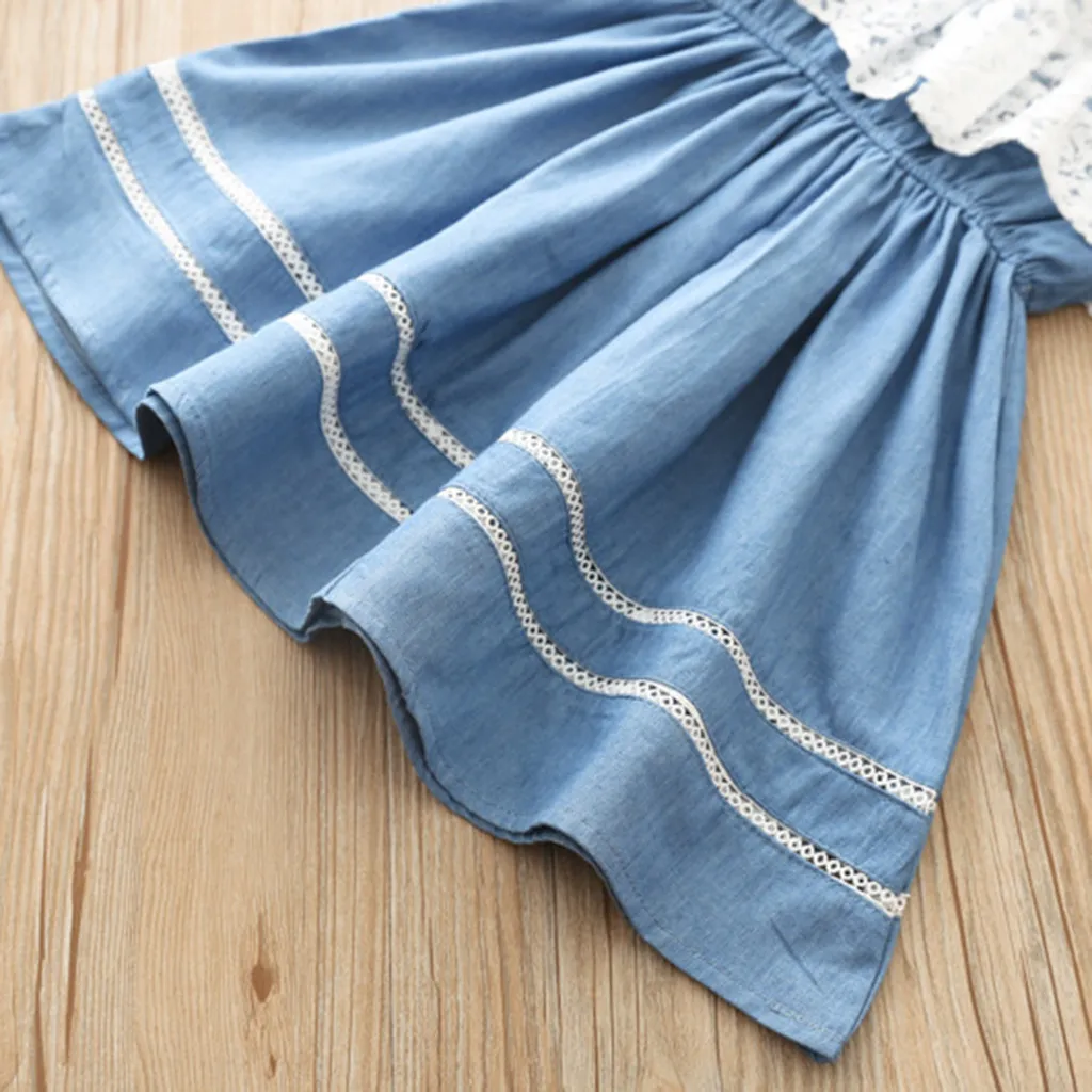 Платье для маленьких девочек кружевное платье с цветами из джинсовой ткани