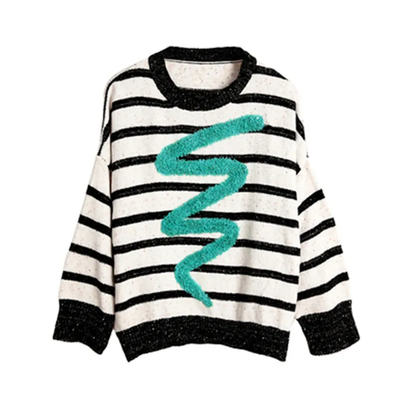 

100%hand made acrylic polyester blend striped knit women fashion diy Oneck loose pullover sweater one&over size