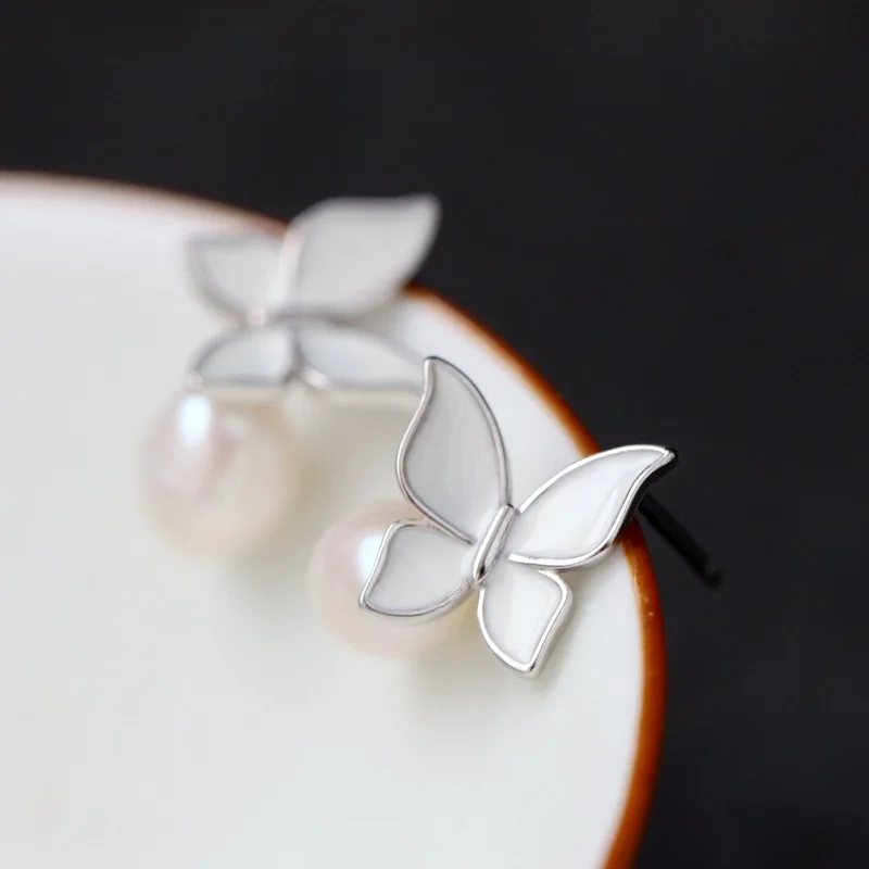 

pavilion silver Natural pearl earrings, 925 sterling silver earrings drip butterfly lady small earrings