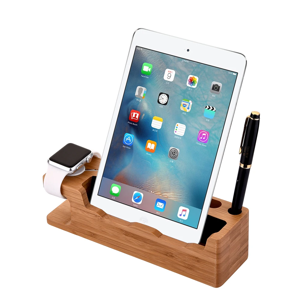 fulaikate bamboo wood charging stand for iphone desk holder for ipad docking station tablet pc mobile phone pen card slot free global shipping