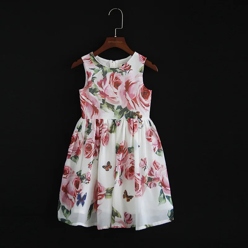 

Summer children chiffon family look clothing kids mom girls flower sleeveless beach dress matching mother daughter fashion dress