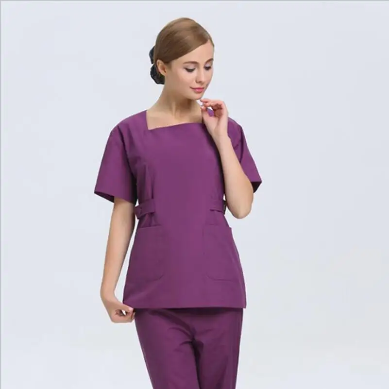 Square collar Новые осенние Для женщин больничный медицинский скраб комплект одежды модный дизайн в обтяжку стоматологические халаты Красота салон фиолетовый медсестра форма - Цвет: Square collar