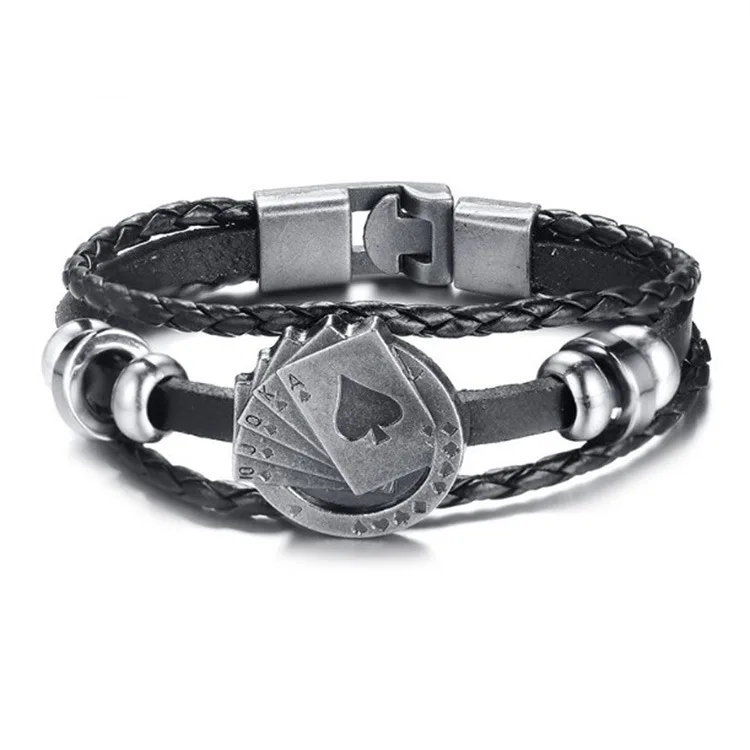 Lucky Vintage Men's Leather Bracelet Playing Cards Raja Vegas Charm Multilayer Braided Women Pulseira Masculina | Украшения и