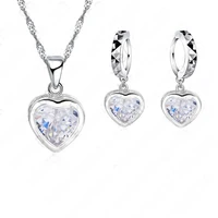 new jewelry heart shiny cubic zircon set 925 sterling silver cz necklace danglehoop earrings sets for women female