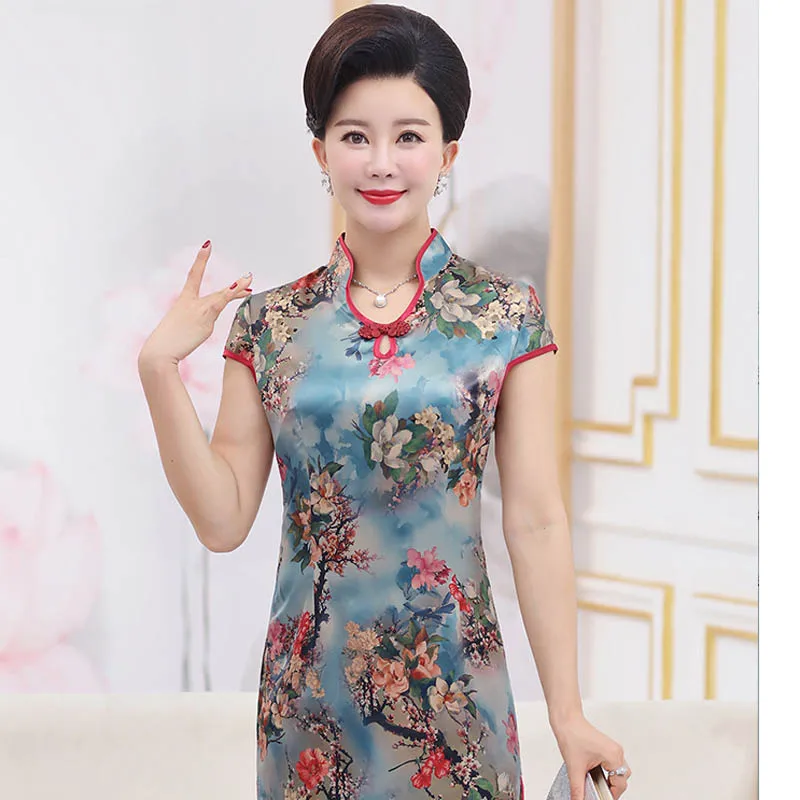 Большие размеры для женщин среднего возраста летнее платье шелк cheongsam старший с