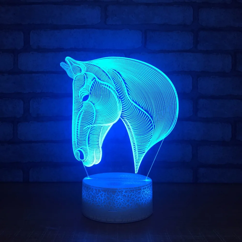 Бусины кракле белое основание 3D лошадь 7 Цвета изменение LED Настольная лампа