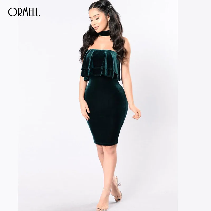 Ormell бархат с открытыми плечами Bodycon платье Раффлед Элегантный плеча короткое