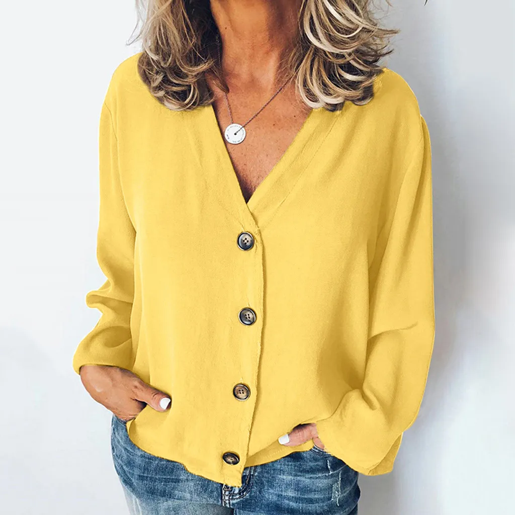 Блузка женская однотонная на пуговицах с длинным рукавом и V образным