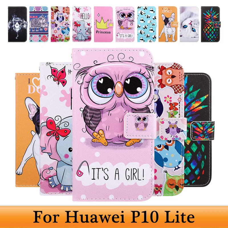 Чехол книжка из искусственной кожи с кошкой мультфильма для Huawei P10 Lite чехлы