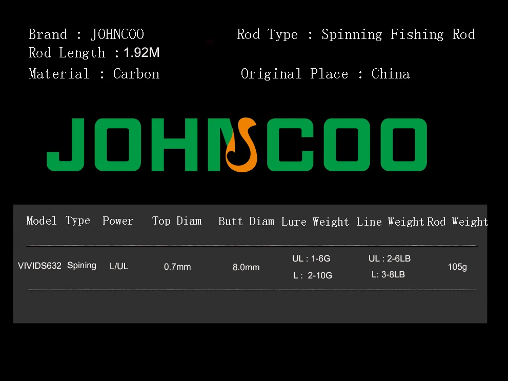 Спиннинговое удилище Johncoo UL/L с твердым наконечником, 1,92 м, быстрое действие, углеродное удилище, размер K, кольцо, вес нетто, 105 г, для светильник, рыболовное удилище 632UL
