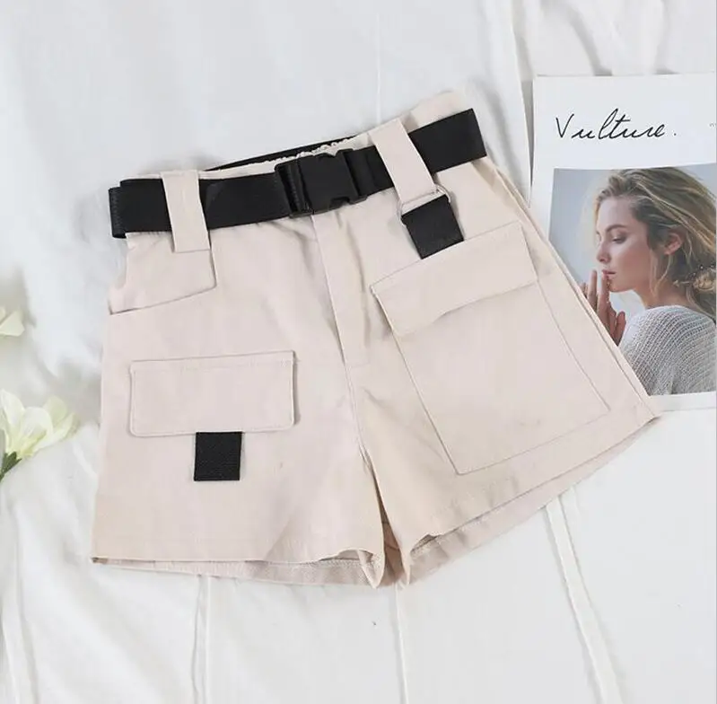 Бежевый Women Casual Denim Shorts Summer High Waist Women's Sports Shorts Big Pocket Cargo Shorts Women With Belt - Цвет: Бежевый