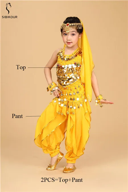 Yellow 2pcs Kids Belly Dance Costume Bollywood Oriental Bellydance Dress Set Indian Egyptian Egypt Suit Pants Top Dancing Clothes Girls New - Цвет: Yellow 2pcs