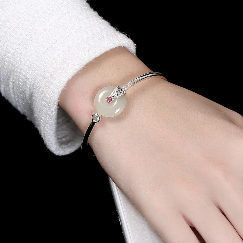Real 925 Sterling Silver Cuff Bangle With Jade Peace Buckle Natural Gemstone Bracelets &amp Bangles Shifting Lucky And | Украшения и