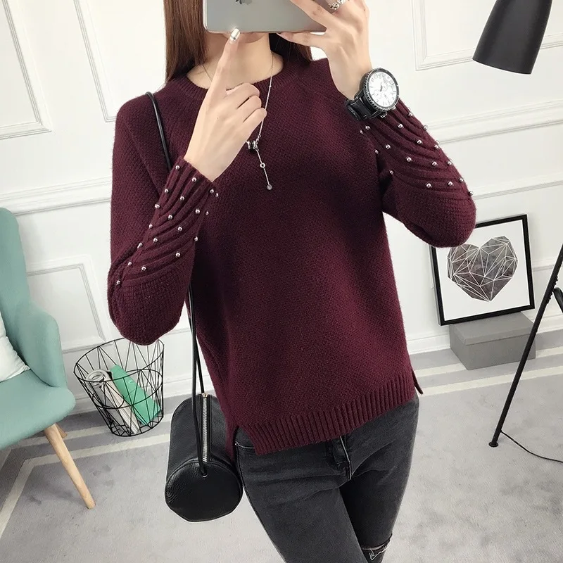 2019 New Winter Sweater Women Beading Long Sleeve Knitting Casual Autumn Elegant Split Pullover | Женская одежда