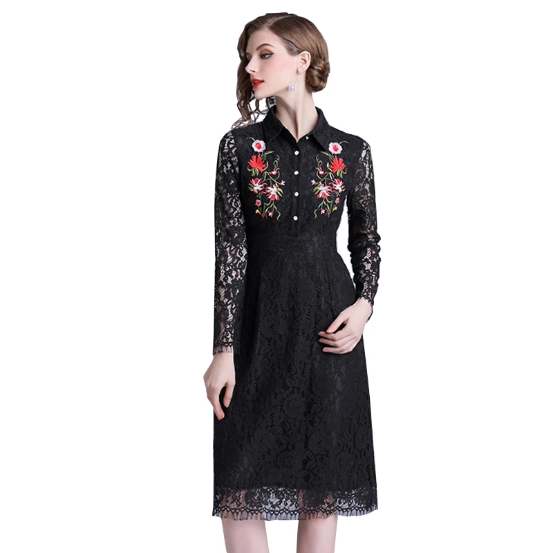 Trytree Лето Осень Повседневная вышивка рубашка платье кружево полиэстер кнопка