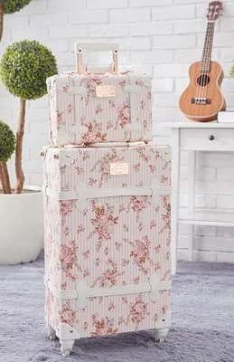 red a set LeTrend, Ретро стиль, 26 дюймов, Спиннер, багаж на колёсиках, набор, симпатичная Дорожная сумка на колесиках для женщин, студентов, чемодан на колесиках, винтажная кабина, багажник - Цвет: red a set