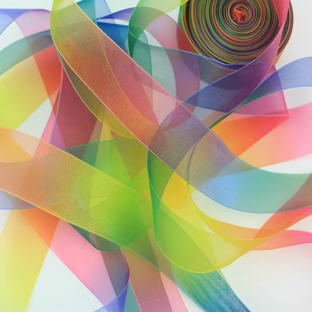 1'' 25mm double faced rainbow sheer webbing  heat transfer printed organza ribbon DIY handmade fabric 50 yards