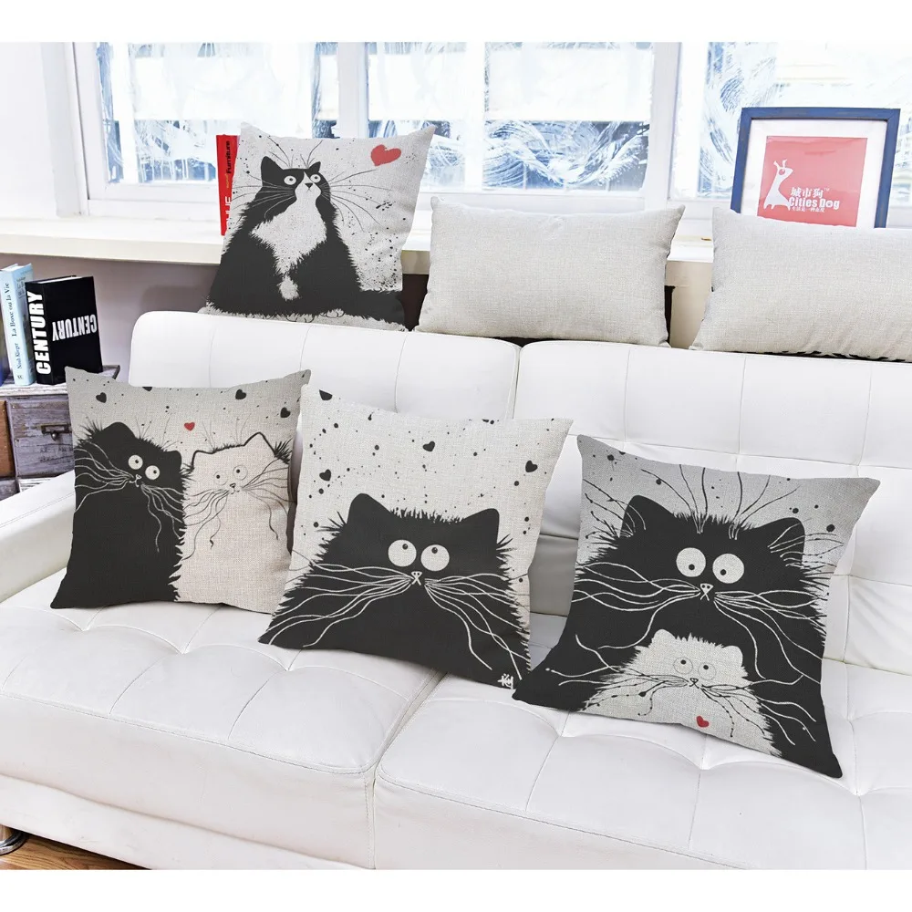 Квадратная черно-белая декоративная льняная подушка в виде кошек 18 дюймов | Дом и