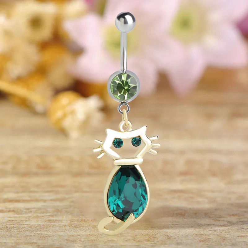 Женское кольцо на пупок Funmor зеленое с австрийским кристаллом для котов украшение