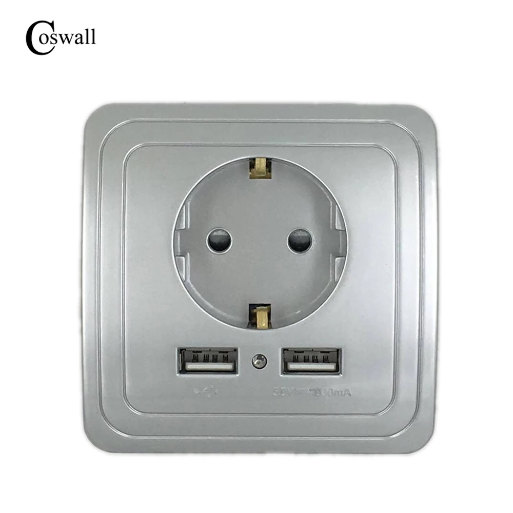 COSWALL, двойной USB порт, настенное зарядное устройство, адаптер для зарядки, 2А, настенное зарядное устройство, адаптер, штепсельная вилка европейского стандарта, розетка, электрическая панель с заземлением