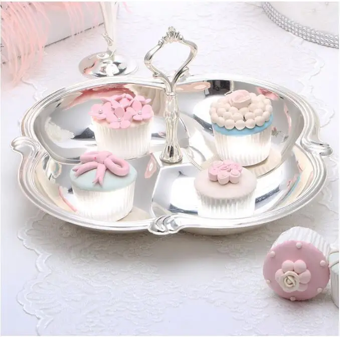 

Sliver plate cake pan wedding Dessert table decoration metal Dried fruit separator cosmetic storage tray With handle SNTP030B