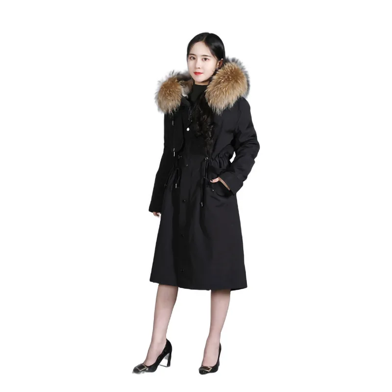 Winter Women's Jacket Raccoon Fur Natural Raccoon Fur Collar Long Sleeve Fox Fur Long Jacket Rex Rabbit Feather Lining