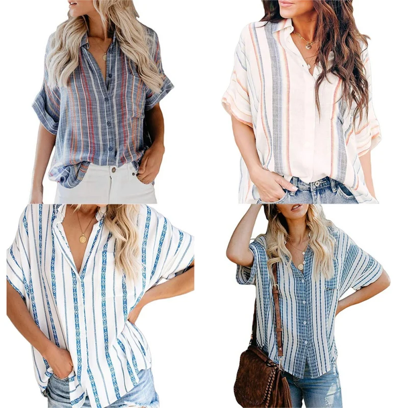 

Blouse Women 2019 Summer Short Sleeve Blouse Shirt Striped Turn Down Collar Office Shirt Casual Tops Blusas