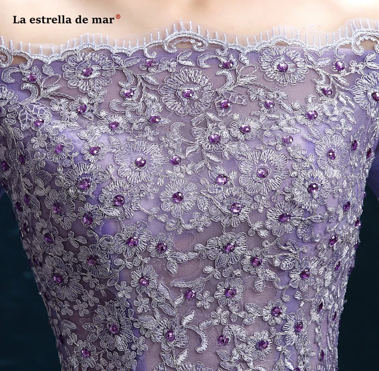 

Robe demoiselle d'honneur2019 new Boat Neck tulle beaded long sleeve A Line lilac vestido madrinha long wedding party dress