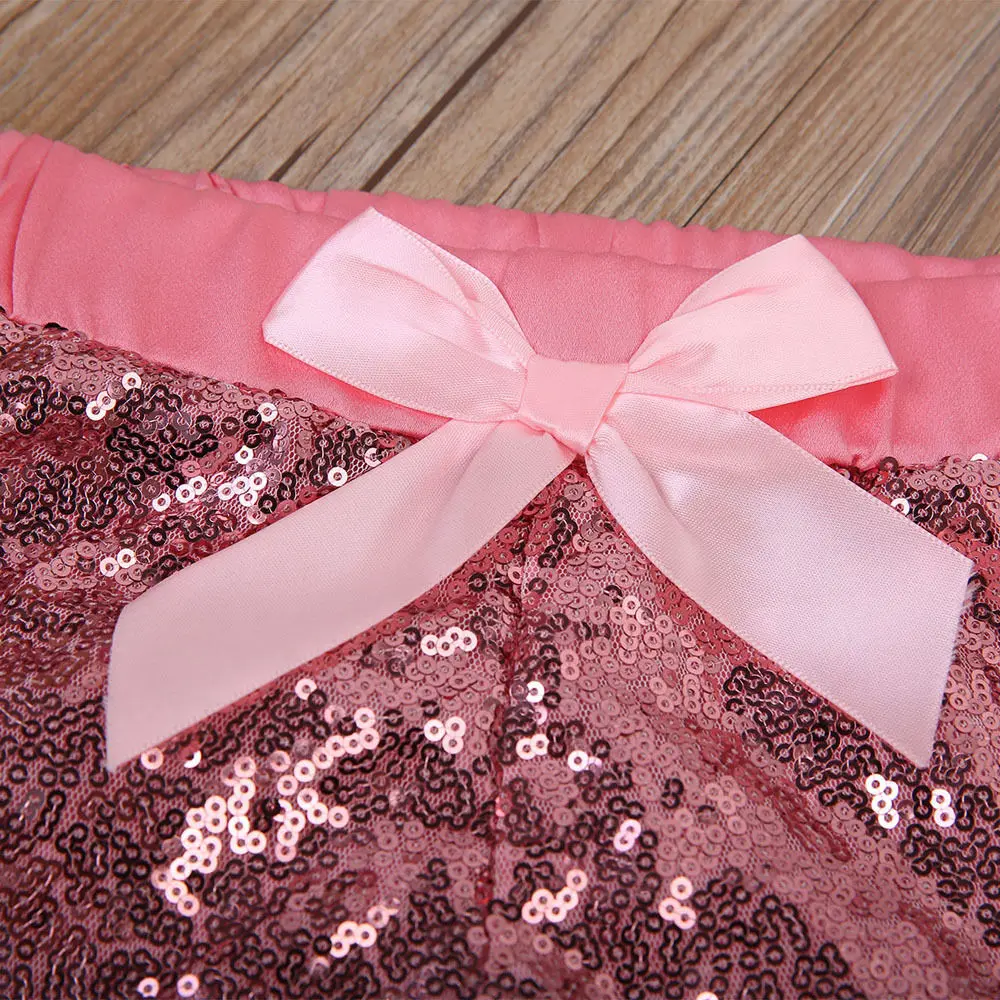 Модные вечерние шорты с бантом и блестками для маленьких девочек летний костюм |