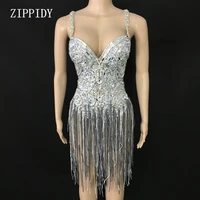 shining silver crystals fringes bodysuit see through birthday celebrate mesh outfit party dance female singer show