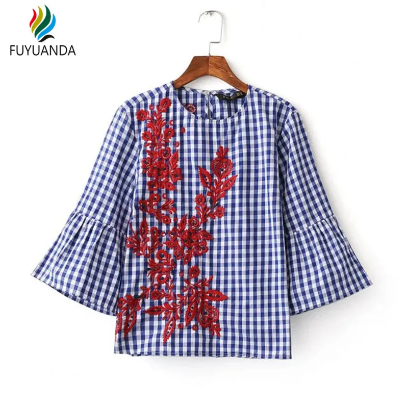 Вышивка женщины блузка рубашка Повседневная синий клетчатую рубашку цветочный