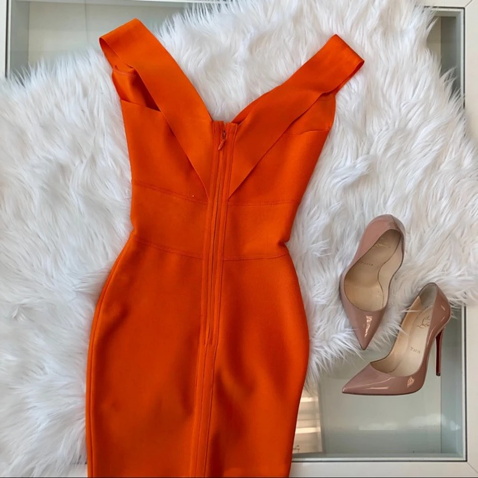 LEGER BABE летние женские бутики Бандажное обтягивающее платье vestidos оранжевый винно-красный, зеленый сексуальный глубокий v-образный вырез без рукавов вечернее платье