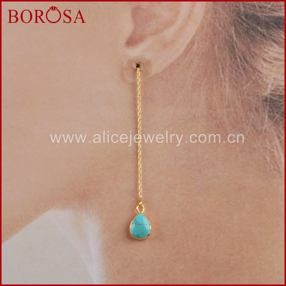 Женские золотистые друзы с бирюзой BOROSA Teardrop очаровательные Подвесные серьги 1345 |
