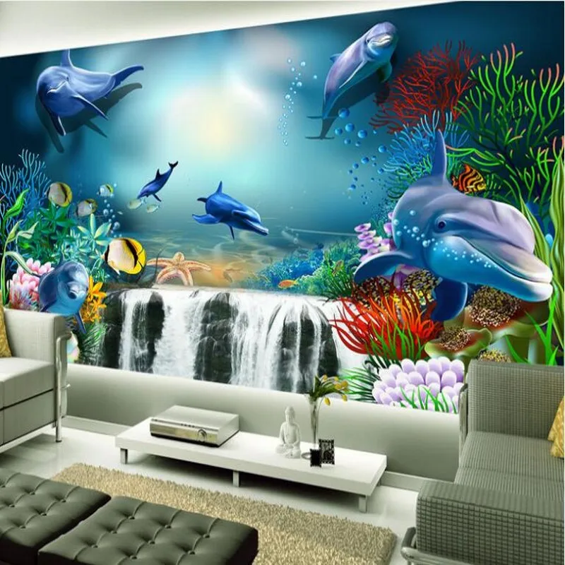 

beibehang Custom large fresco creative aesthetic underwater world waterfall coral 3d backdrop nonwovens super green wallpaper
