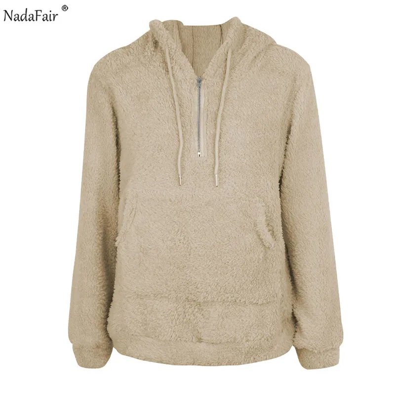 Nadafair толстовки с капюшоном из искусственной овчины женские повседневные флисовые меховые толстовки на молнии женские осенние зимние пуловеры с длинным рукавом Топы - Цвет: Хаки