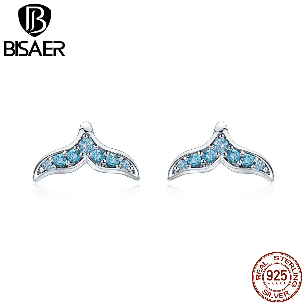 BISAER, 925 пробы, серебряные дешевые серьги, голубой циркон, рыбий хвост, Русалочка, маленькие серьги-гвоздики, женские серебряные ювелирные изделия, серьги EFE058