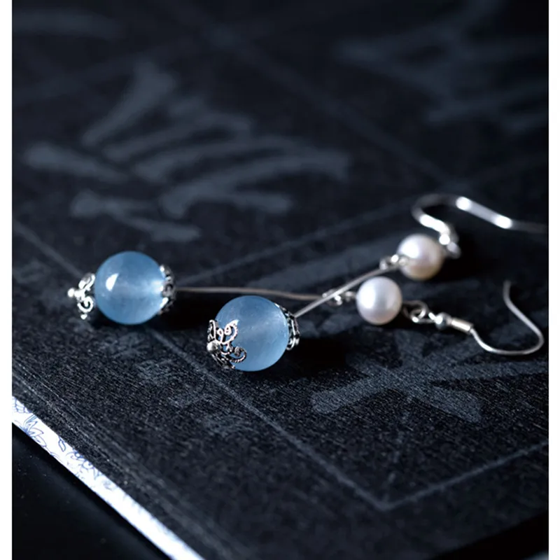 Женские серьги подвески из тайского серебра с натуральным