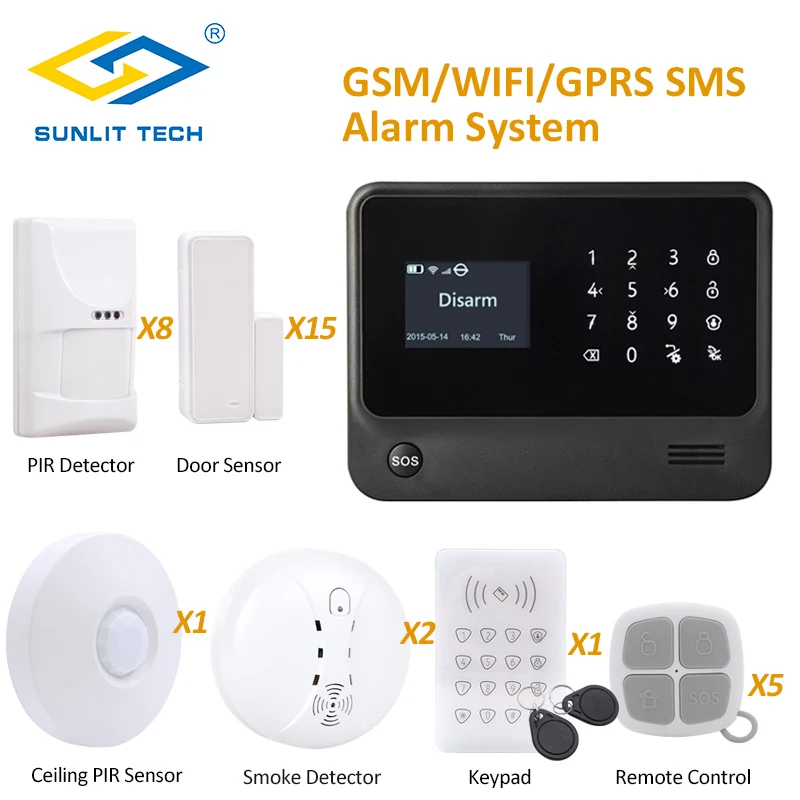 IOS Android App Control Wireless Alarm Systems Security Home with Pet Immune PIR Sensor Smoke Sensor and RFID Keypad