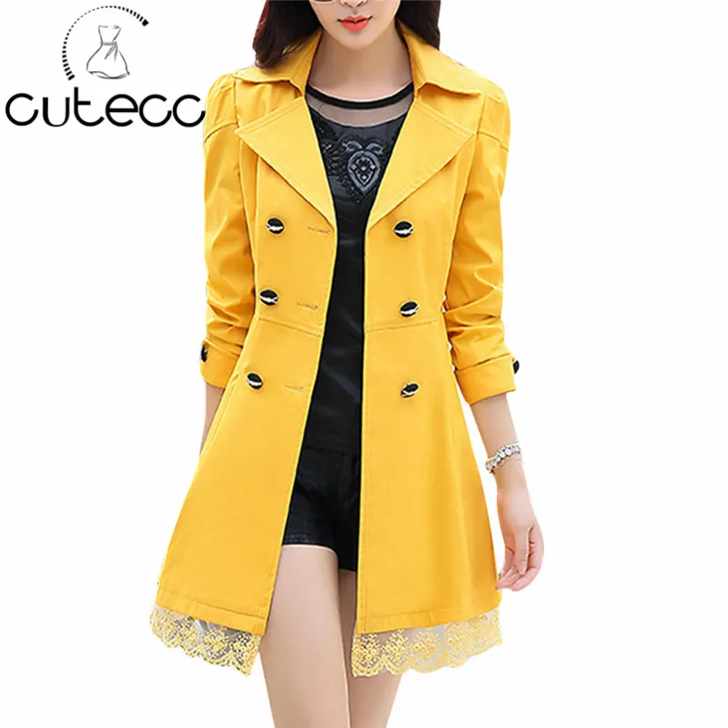 Для женщин двубортный бантом длинный плащ пальто с поясом Кружево подол сплошной