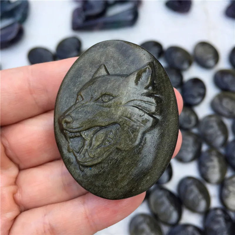 Красивый натуральный Золотой обсидиан ручной работы резной волк счастливый