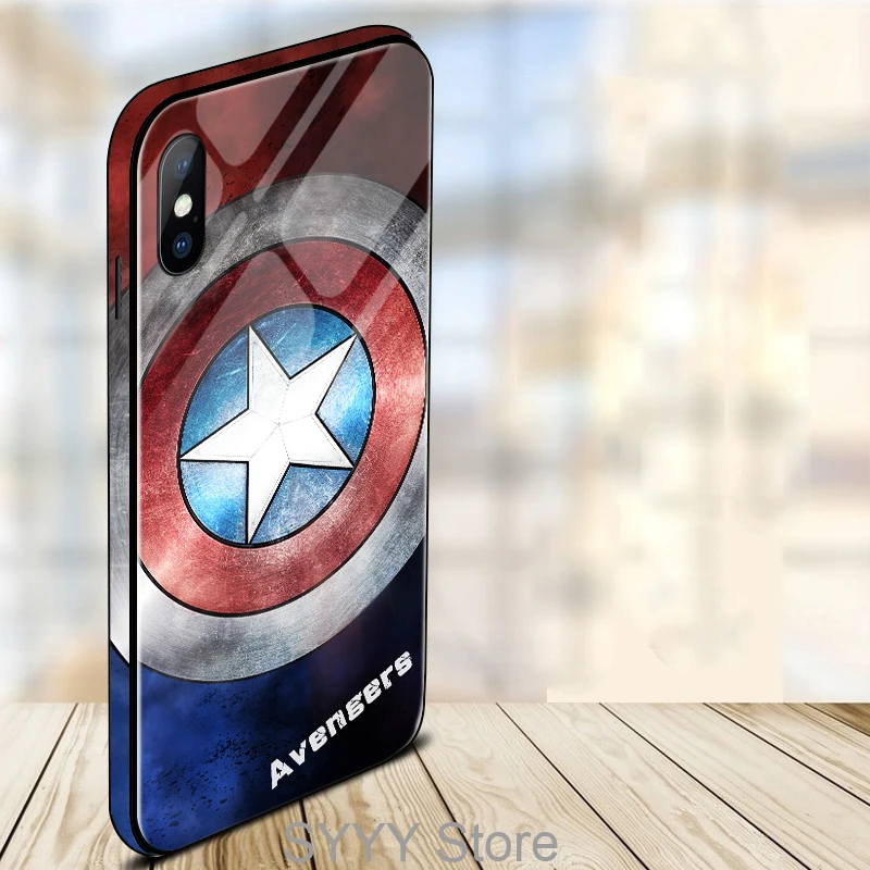 Tempered glass phone case for iPhone XR X XS Max 6 7 8 Plus Colored edge Marvel Angry Embossed Captain America Iron Man Heroes |