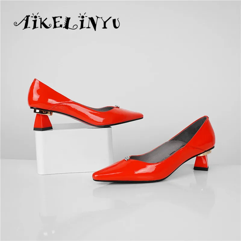 AIKELINYU/весенние туфли-лодочки; туфли из натуральной кожи на квадратном каблуке с острым носком; элегантные офисные женские туфли-лодочки с крахмальным корнем лотоса; женская обувь для вечеринок