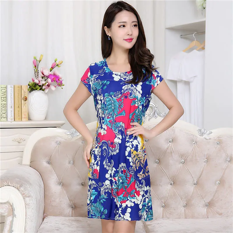 2017 Лето Dress Женщины О Шея С Коротким Рукавом Печати Платья Эластичный Пояс Колен