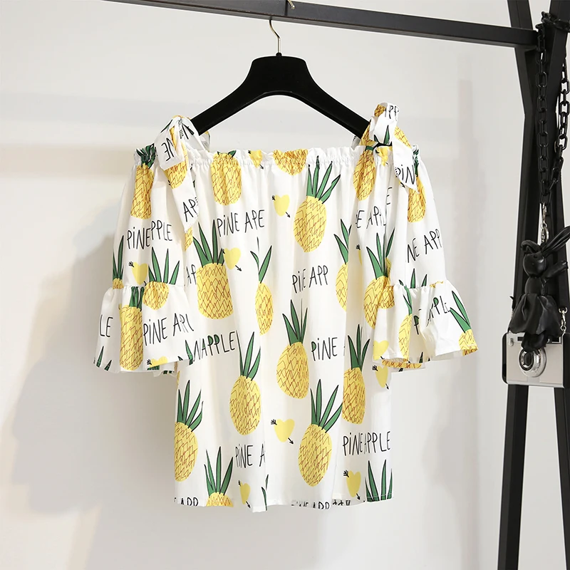 Fashion Summer Women Denim Skirt Set Pineapple Print Off Shoulder Tshirt + Midi Ruffles Jeans Suits Woman Two Piece | Женская одежда
